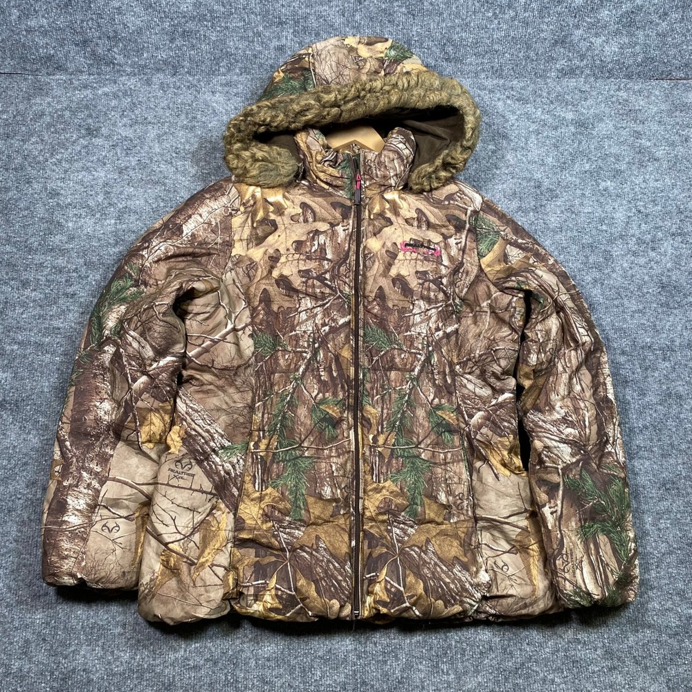 Realtree Xtra Camo Puffer Jacket Womens Large Pink‎ Fleece Lined Faux Fur Hood